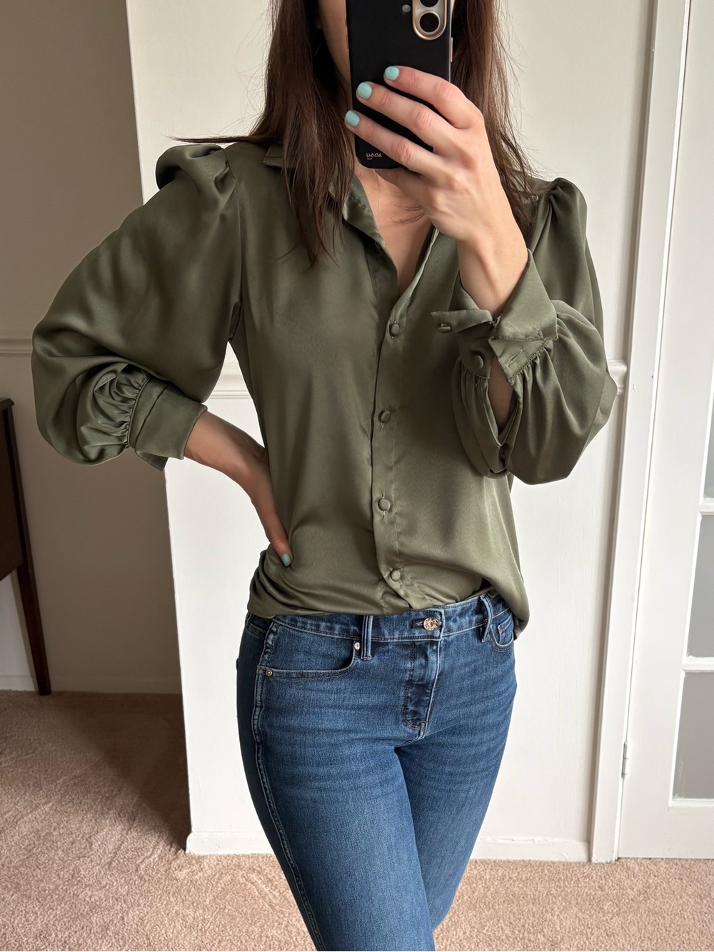 Button-Front Olive Green Satin Blouse